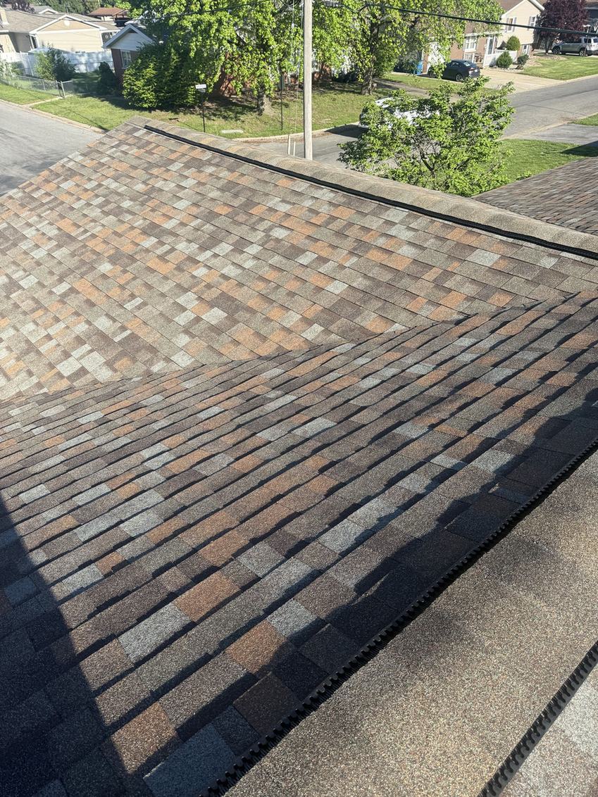 Asphalt shingle roof slope beside a gutter